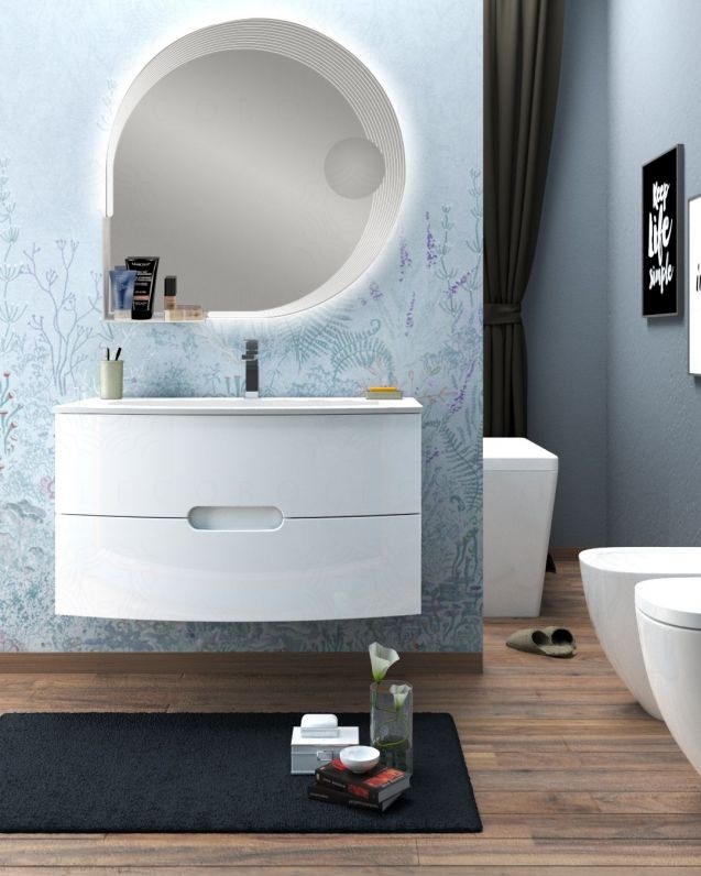 Mobile bagno sospeso Lady, curvo, cm.100 con specchio led Mobile bagno sospeso Lady, curvo, cm.100 con specchio led