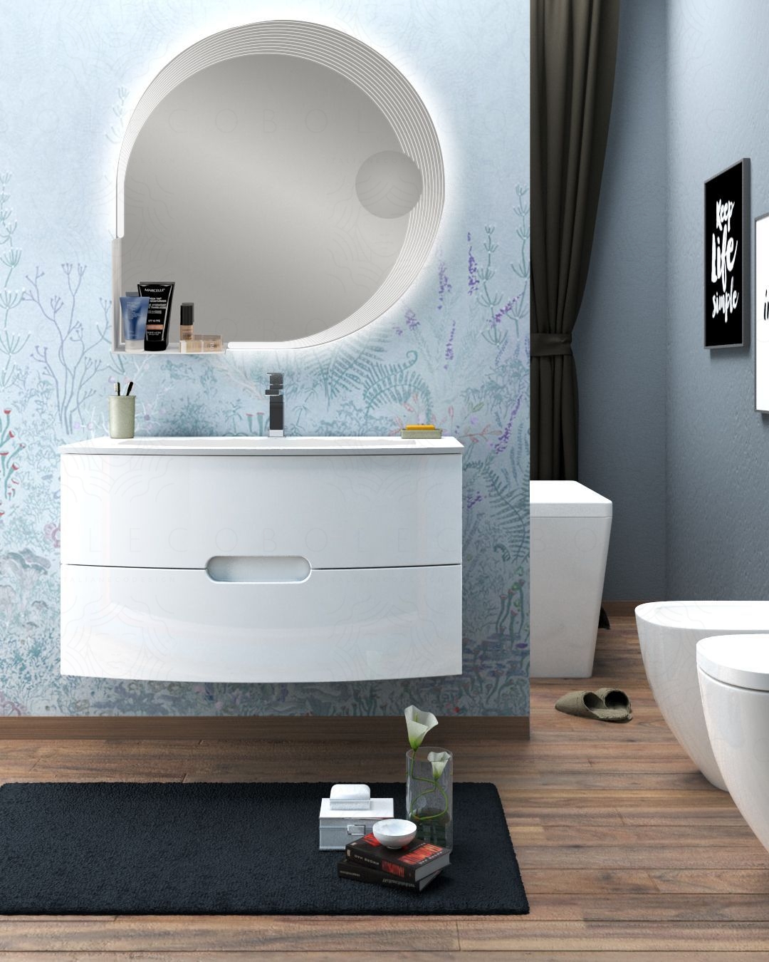 Mobile bagno sospeso Lady, curvo, cm.100 con specchio led Mobile bagno sospeso Lady, curvo, cm.100 con specchio led