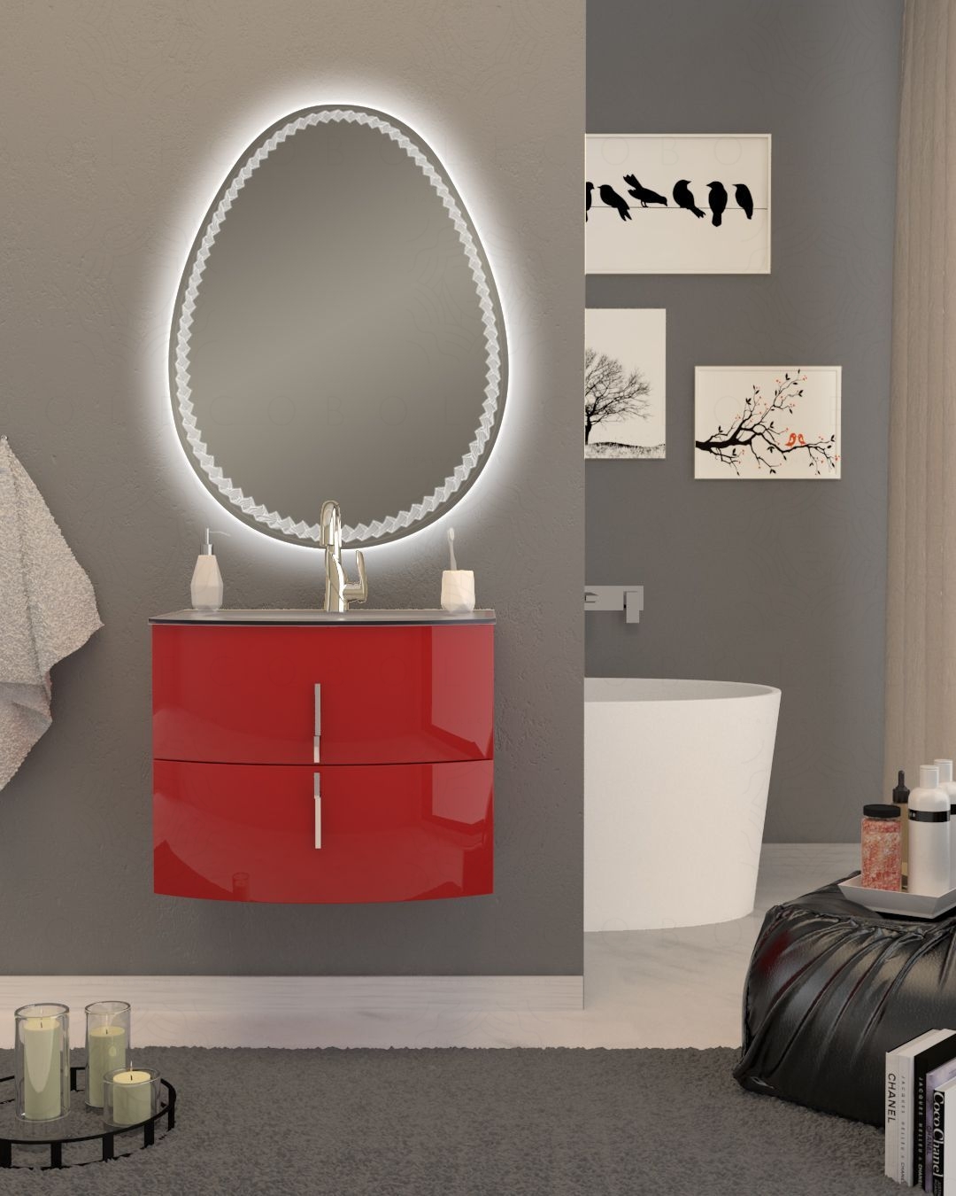 Mobile bagno sospeso Jane, curvo, cm.69 con specchio led Mobile bagno sospeso Jane, curvo, cm.69 con specchio led