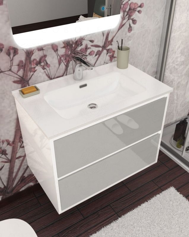 Mobile bagno sospeso Alaska con frontali in vetro, cm.74 e Mobile bagno sospeso Alaska con frontali in vetro, cm.74 e