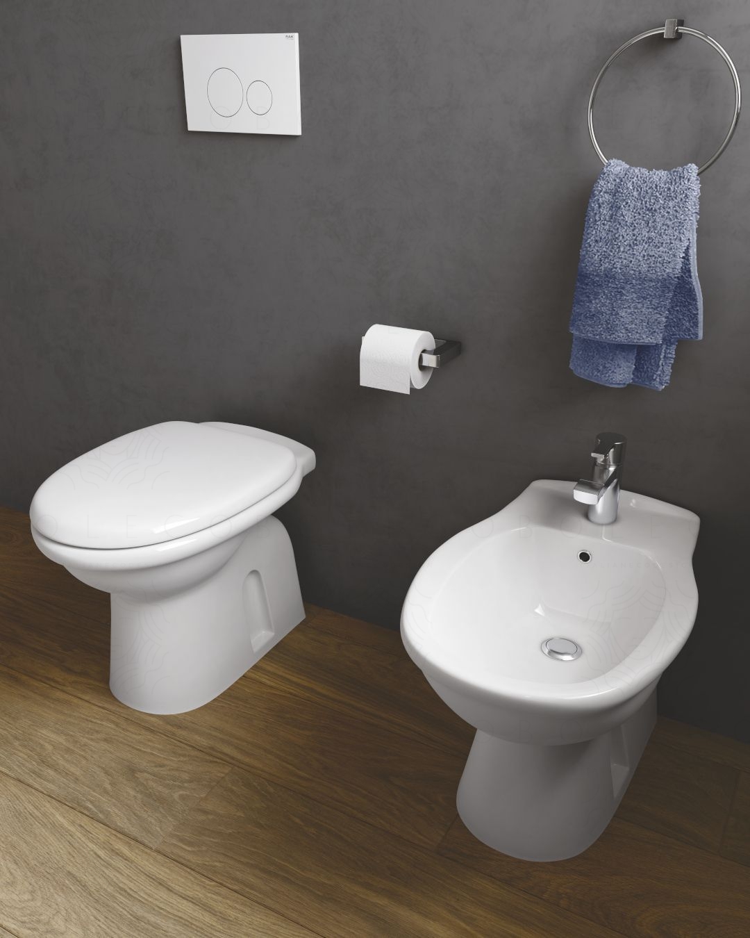 Coppia di sanitari filomuro in ceramica Karla, copriwater Coppia di sanitari filomuro in ceramica Karla, copriwater