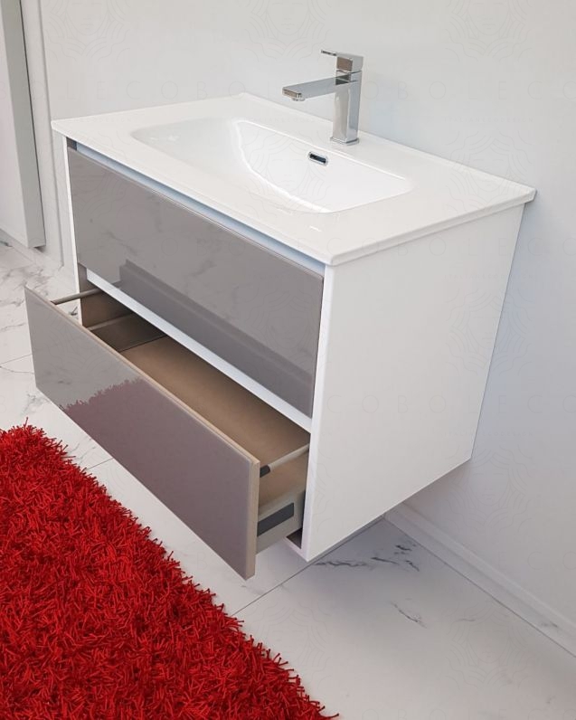 Mobile bagno sospeso Alaska con frontali in vetro, cm.74 e Mobile bagno sospeso Alaska con frontali in vetro, cm.74 e