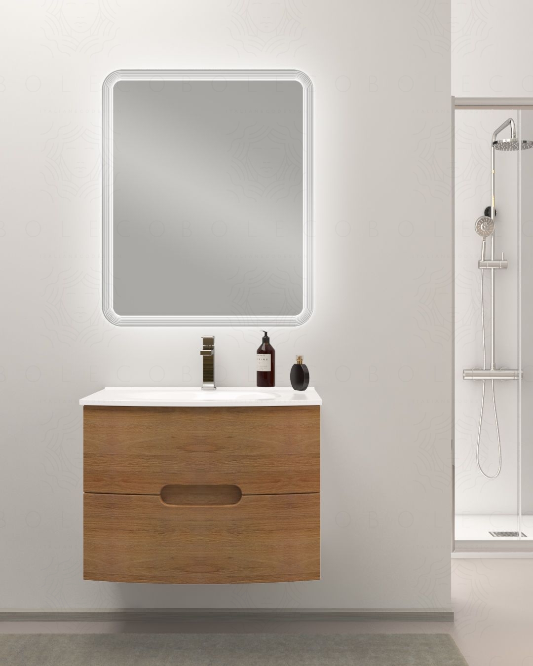 Mobile bagno sospeso Lady, curvo, con lavabo in ceramica, cm.74 Mobile bagno sospeso Lady, curvo, con lavabo in ceramica, cm.74