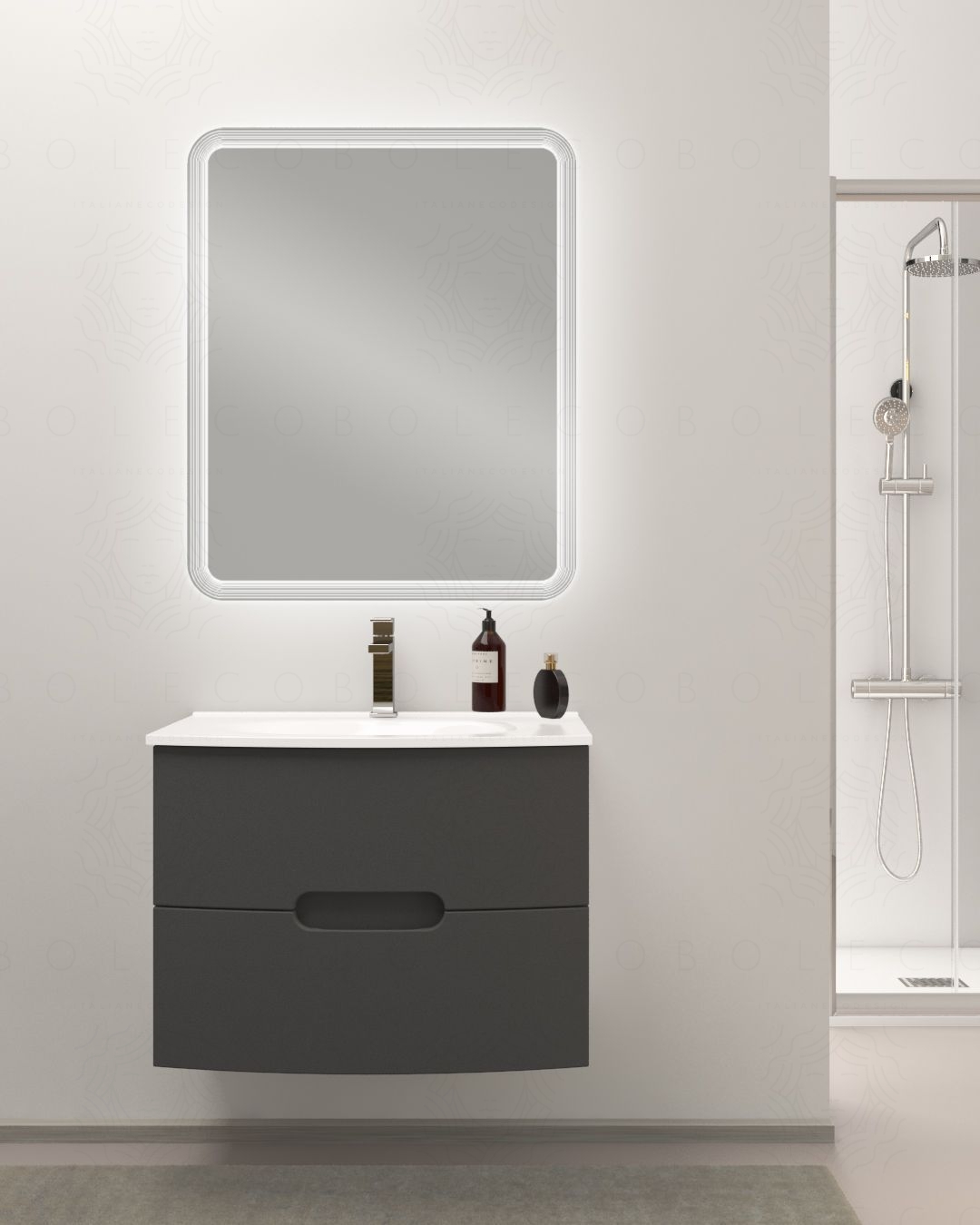 Mobile bagno sospeso Lady, curvo, con lavabo in ceramica, cm.74 Mobile bagno sospeso Lady, curvo, con lavabo in ceramica, cm.74