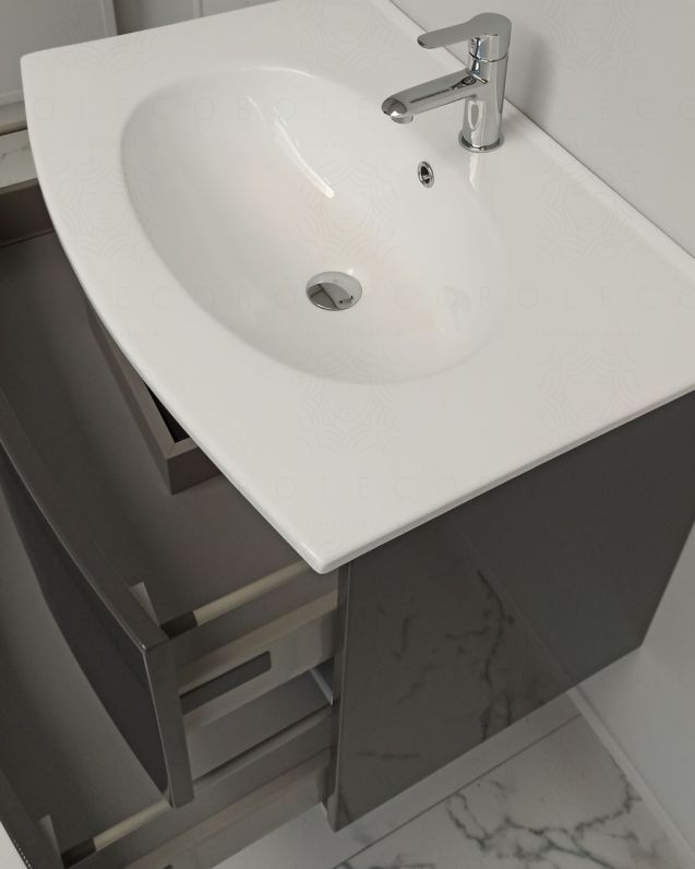Mobile bagno sospeso Lady, curvo, con lavabo in ceramica, cm.74 Mobile bagno sospeso Lady, curvo, con lavabo in ceramica, cm.74