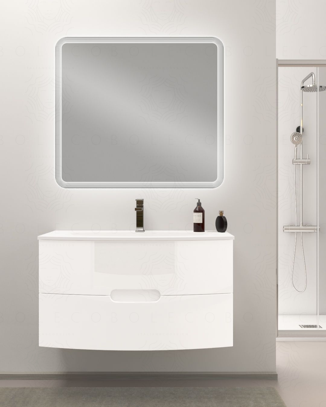 Mobile bagno sospeso Lady, curvo, con lavabo in ceramica, cm.100 Mobile bagno sospeso Lady, curvo, con lavabo in ceramica, cm.100