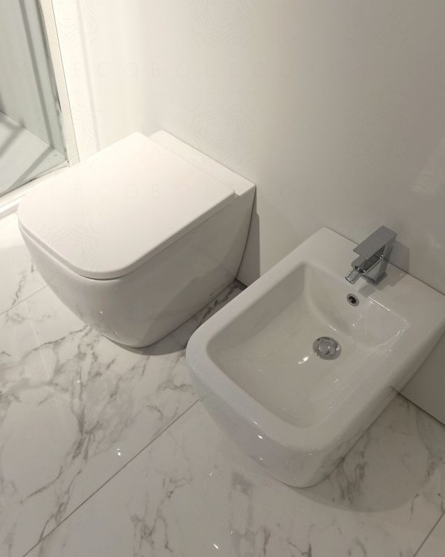 Coppia di sanitari filomuro in ceramica Bianca, copriwater Coppia di sanitari filomuro in ceramica Bianca, copriwater